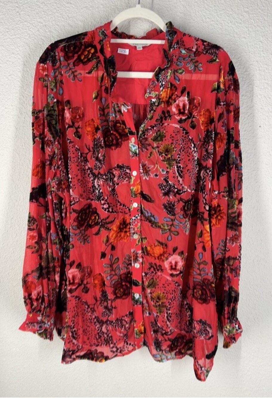 John Mark Size 2X Velvet Floral Animal Print Tunic Button Top NWT